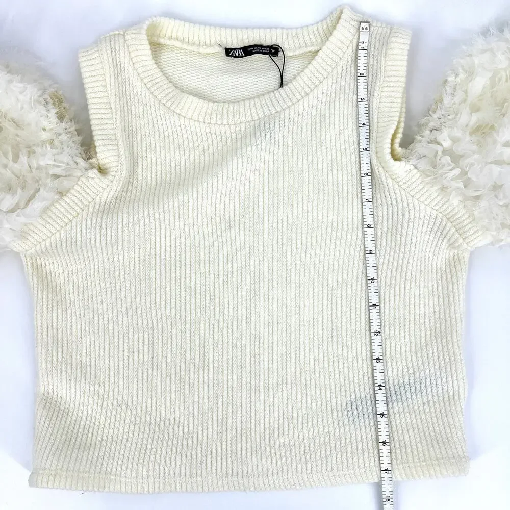 Zara Puff Cut Out Sleeve Crop Top Cream Size M NWOT